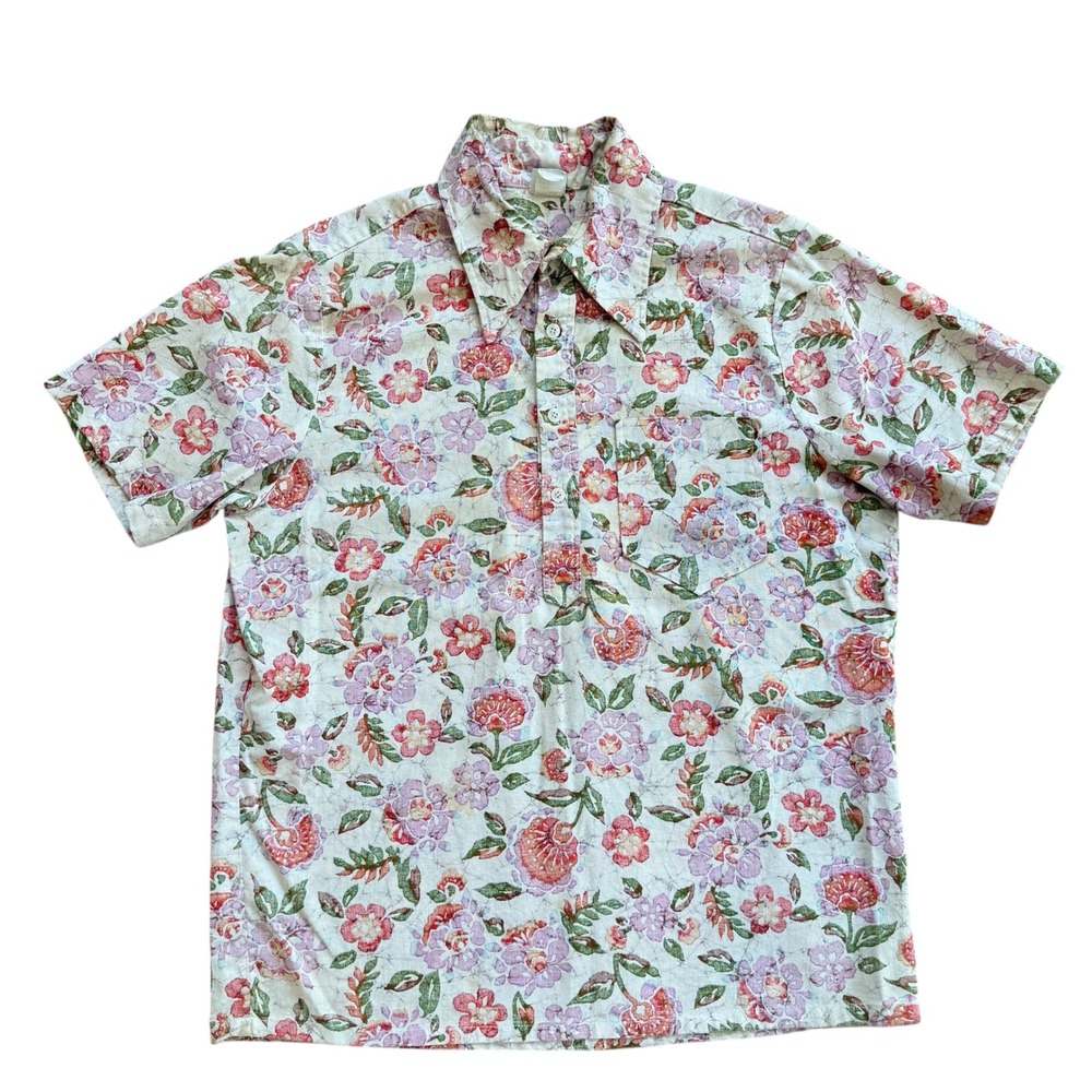 Vintage Laguna Mens Floral‎ Batik Pullover Shirt Short Sleeve Red Purple Large